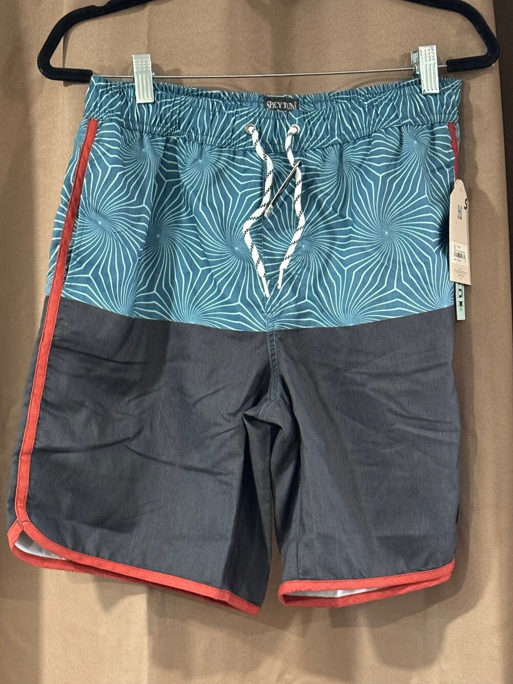 Spicy Tuna Lined Drawstring Swim Trunks Men Small Black Green Board Shorts NWT